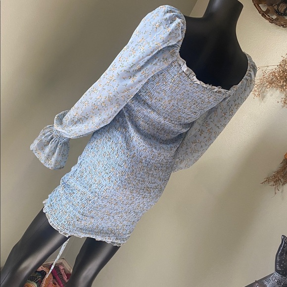 Hey Babe Light Blue Floral Sheer Sleeve Ruched Tie Dress - Picture 10 of 17